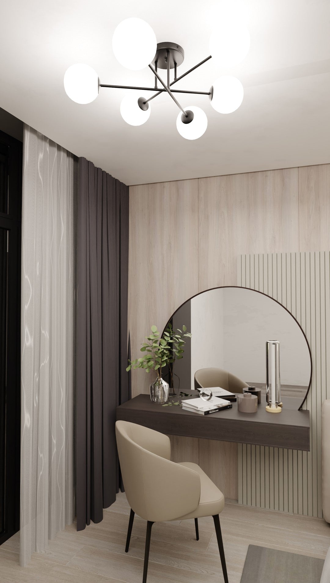 Plafonnier installé au plafond au-dessus d’un bureau, miroir rond et rideaux gris.