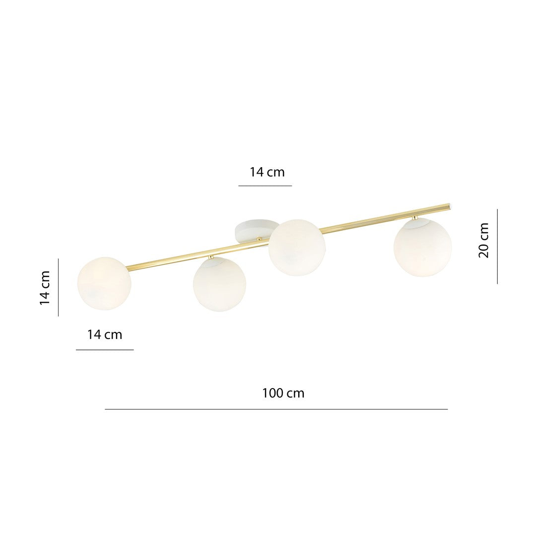 Schéma de dimensions du plafonnier : longueur 100 cm et globes de 14 cm