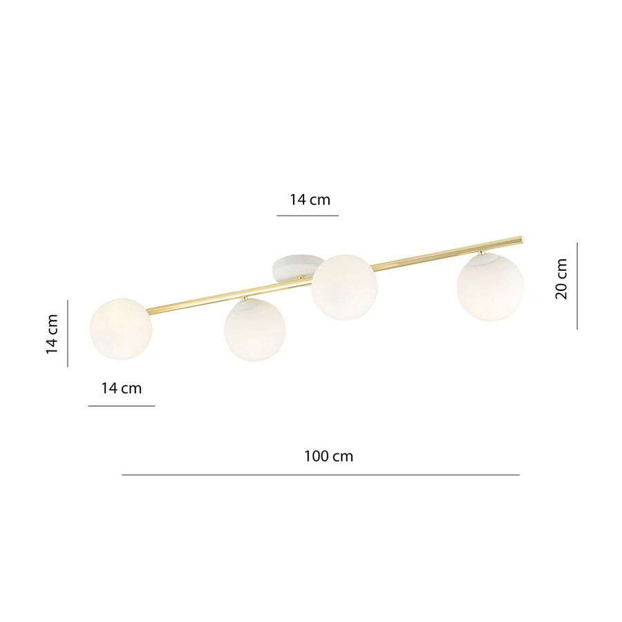 Schéma de dimensions du plafonnier : longueur 100 cm et globes de 14 cm
