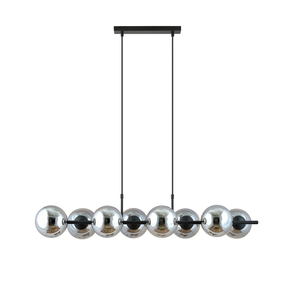 Vue d'ensemble du luminaire suspendu, structure noire et huit sphères transparentes alignées.