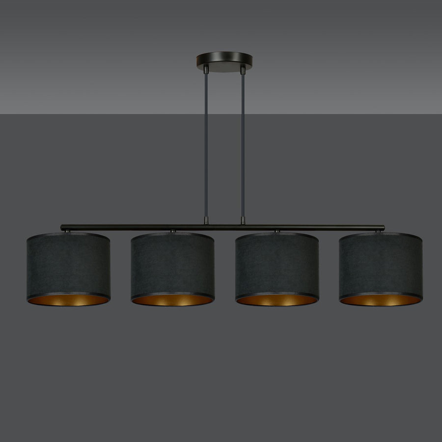 Vue du luminaire sur fond gris anthracite, quatre cylindres suspendus