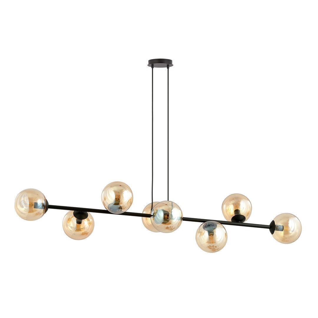 Suspension Reythar 8 lumières noire et ambrée, verre