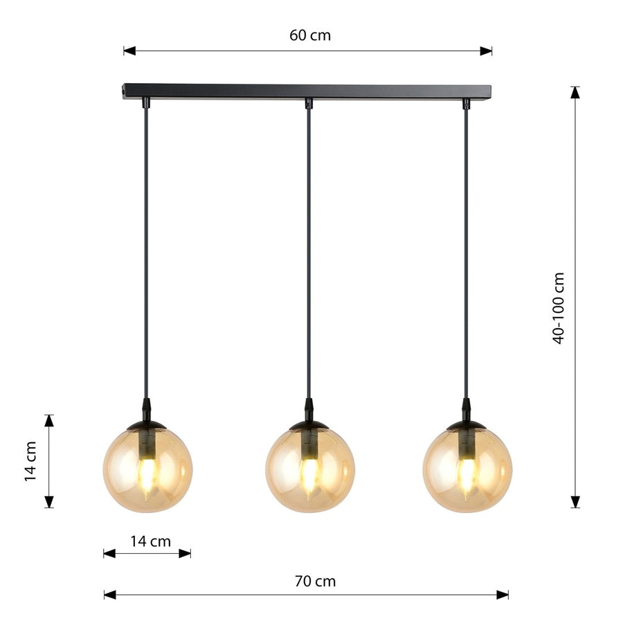 Suspension Koldara 3 lumières noire et ambrée, verre