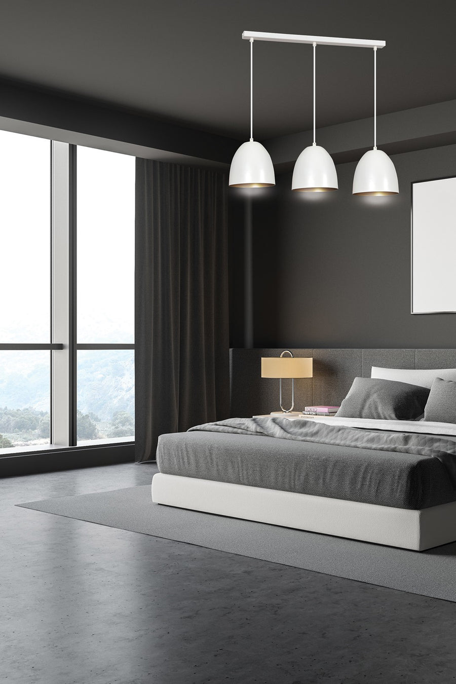 Suspension installée dans une chambre sombre, au-dessus du lit, près de la fenêtre.