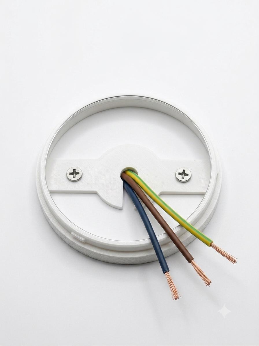Détail du socle de fixation ronde avec fils électriques bleu, marron et vert-jaune