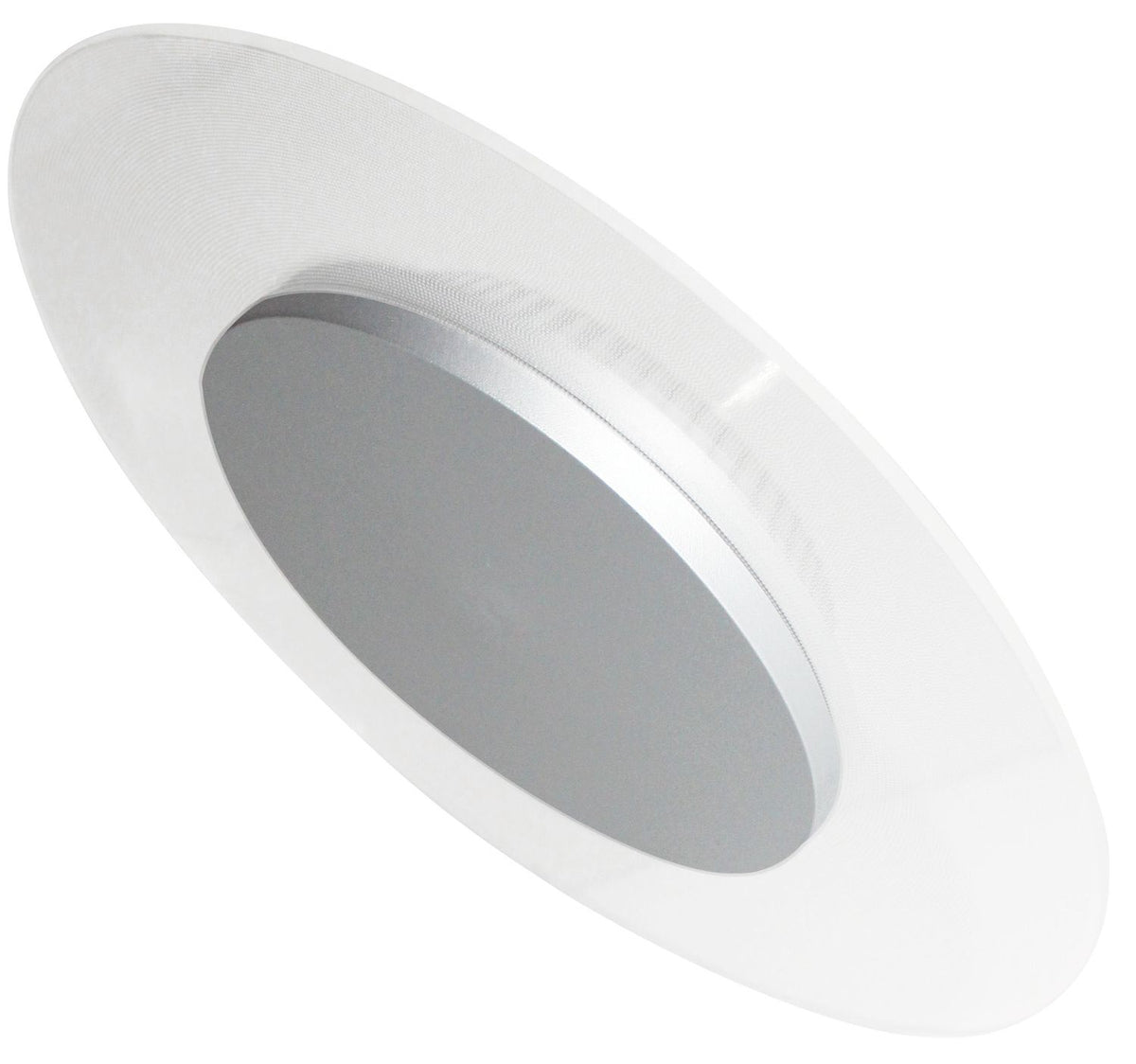 Vue en plongée du luminaire rond, anneau blanc translucide et disque central gris.