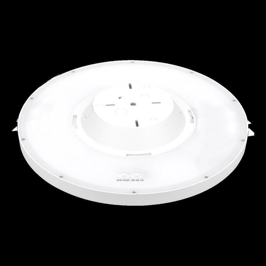 Vue arrière du luminaire montrant la platine centrale, les vis et le bornier.