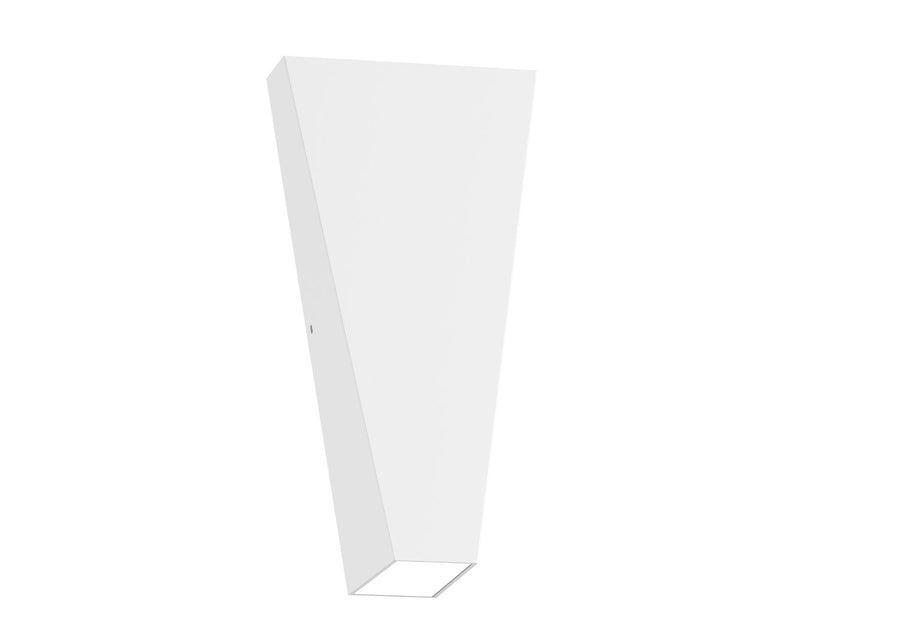 Trois quarts du luminaire blanc montrant la face avant inclinée et le bas ouvert.