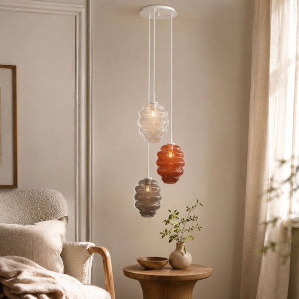 Suspension grande hauteur Echos 3 lumières, rosace Ø 40 cm, verres Ø 25 cm