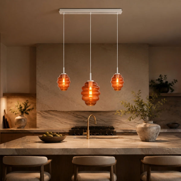 Suspension de table Echos 3 lumières, longueur 120 cm, verres Ø 18 et 25 cm