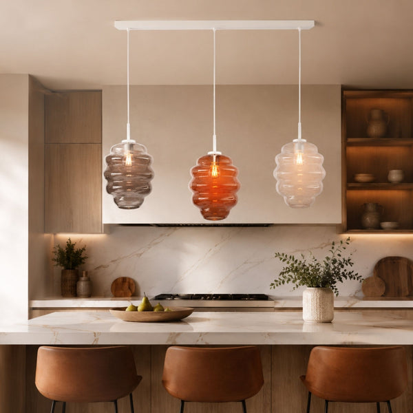 Suspension de table Echos 3 lumières, longueur 120 cm, verres Ø 25 cm