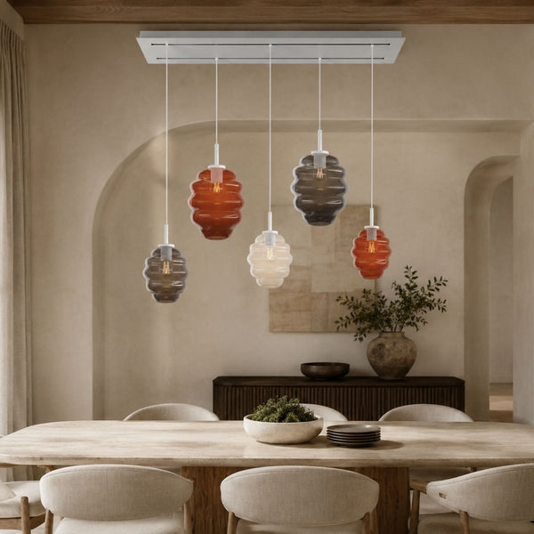 Suspension de table Echos 5 lumières sur 2 rangées, longueur 160 cm, verres Ø 18 et 25 cm