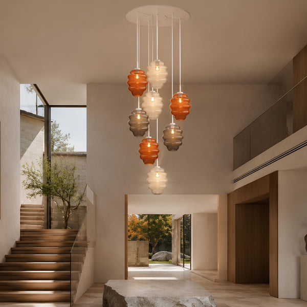 Suspension grande hauteur Echos 8 lumières, rosace Ø 80 cm, verres Ø 25 cm