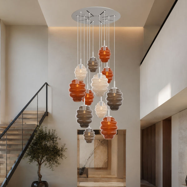 Suspension grande hauteur Echos 20 lumières, rosace Ø 120 cm, verres Ø 18 et 25 cm