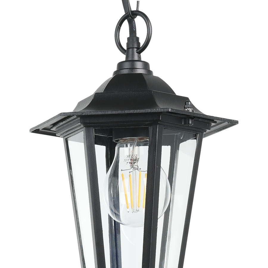 Détail du haut de la lanterne avec ampoule LED filament et verre transparent