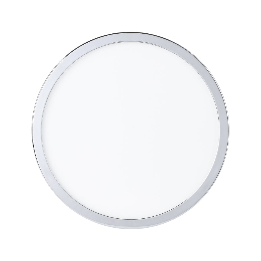 Vue de dessous du plafonnier circulaire blanc et chrome.