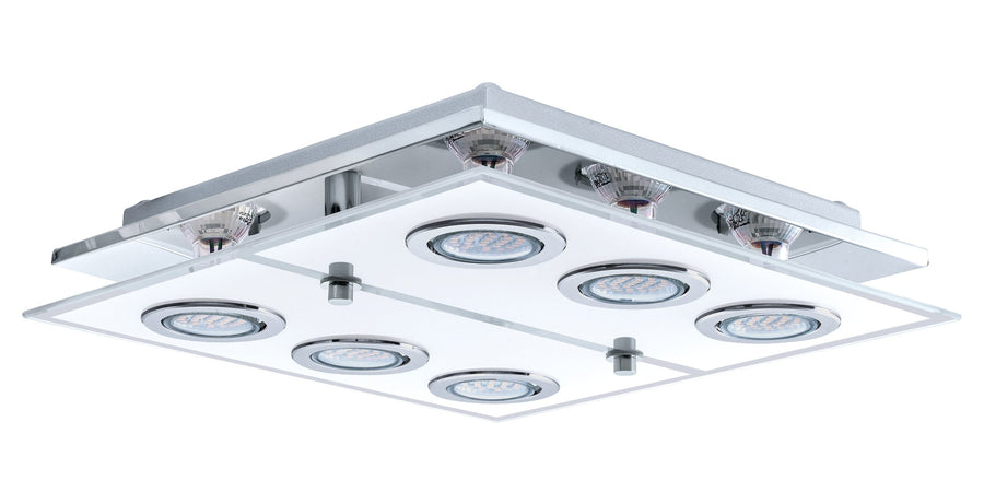 Détail rapproché des réflecteurs chromés et des ampoules LED allumées