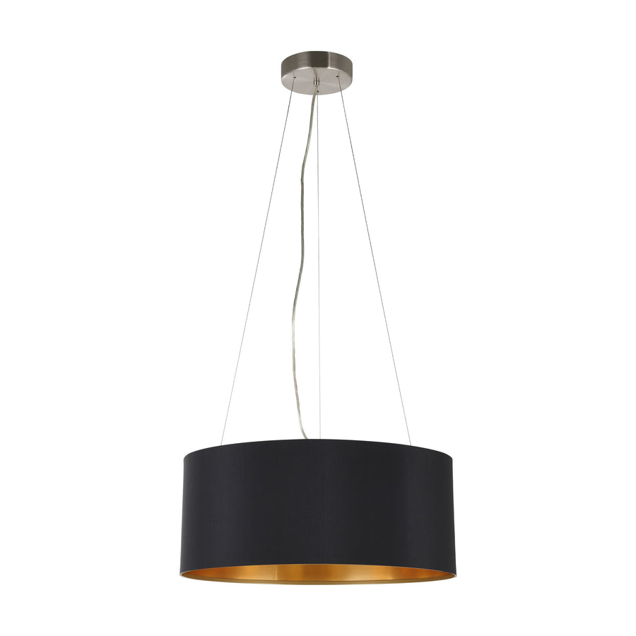 Vue d'ensemble du luminaire suspendu avec ses trois câbles et sa rosace
