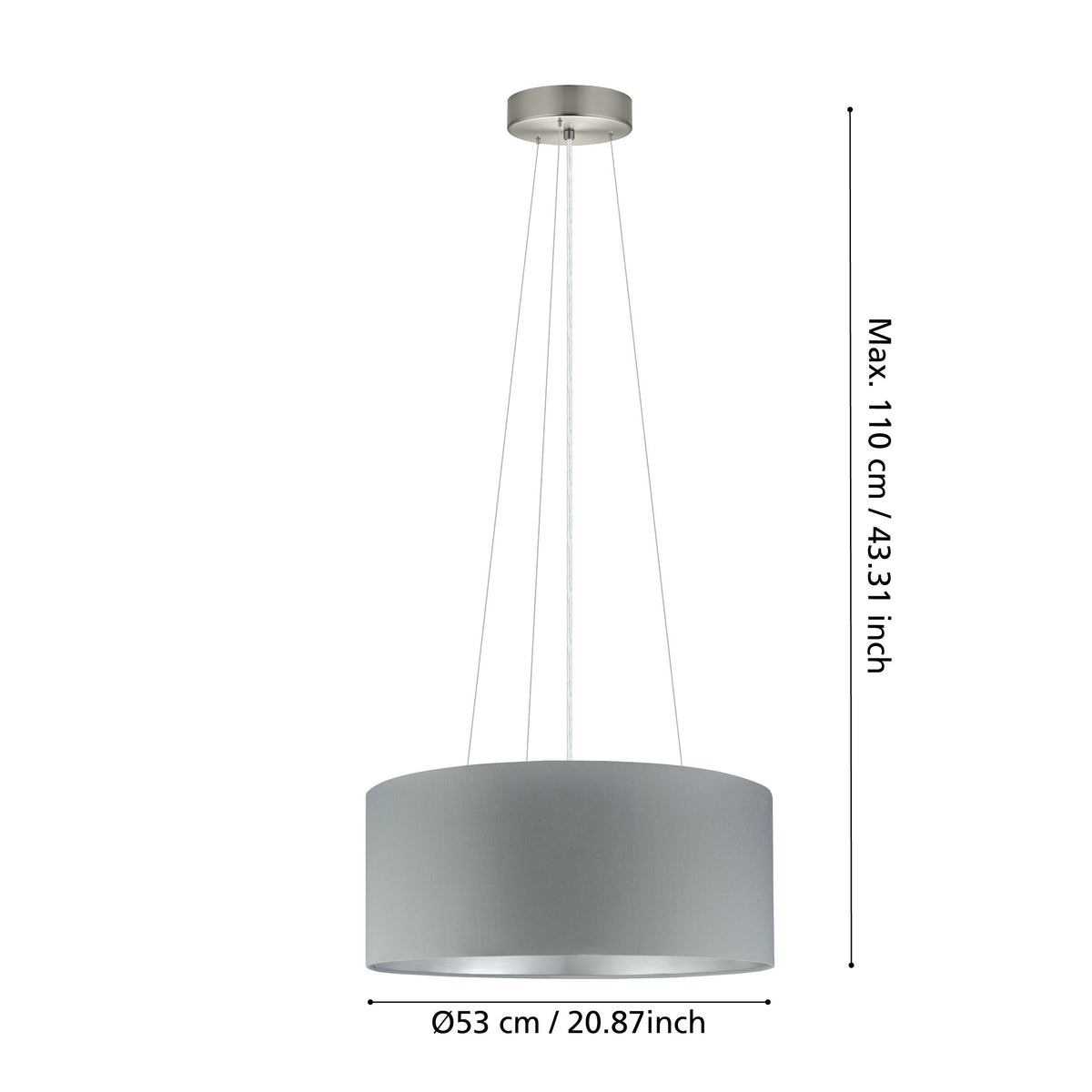 Schéma de dimensions indiquant hauteur maximale 110 cm et diamètre 53 cm