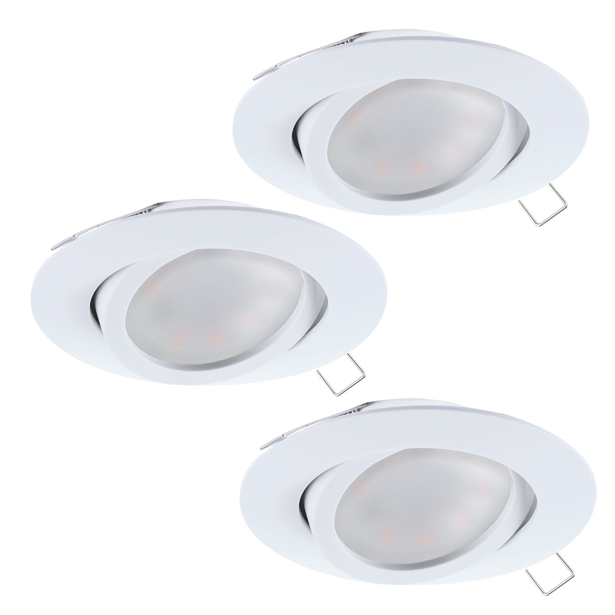 Trois spots blancs orientables présentés en série, ressorts de fixation apparents