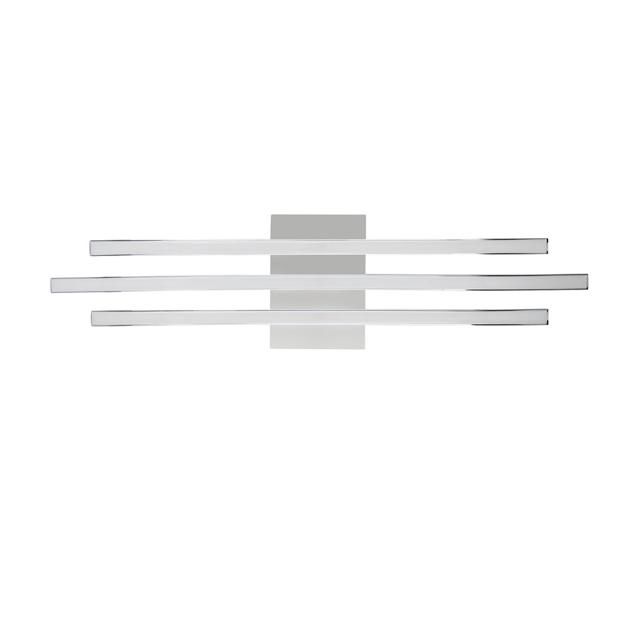 Vue de face à plat, trois tubes chromés parallèles et base centrale carrée