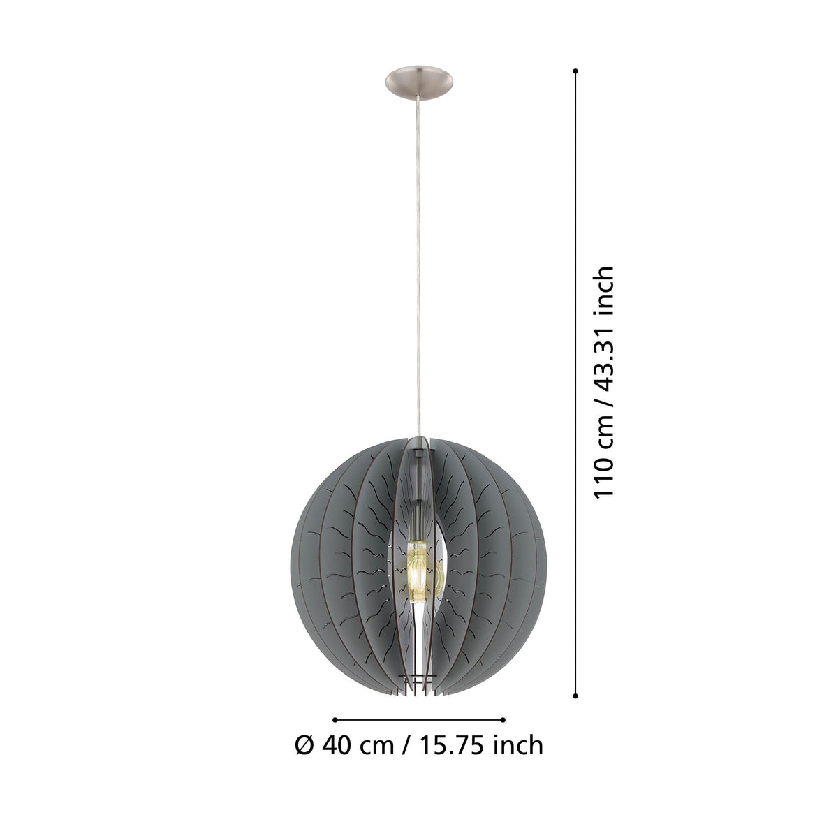 Schéma de dimensions du luminaire avec hauteur totale et diamètre indiqués
