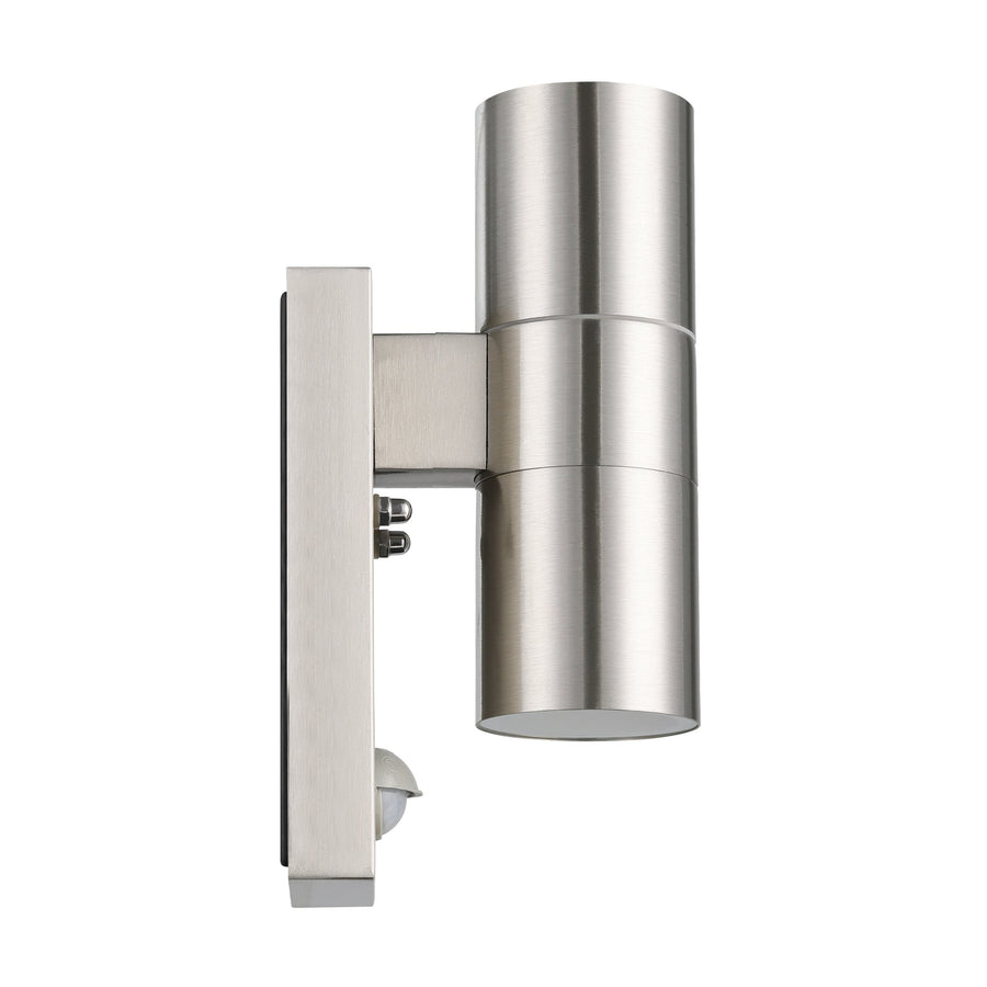 Profil latéral de l'applique murale en inox avec bras de fixation et détecteur.