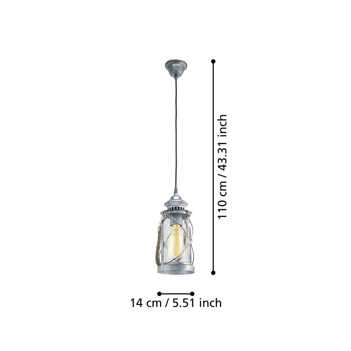 Schéma de dimensions du luminaire suspendu : hauteur 110 cm et largeur 14 cm