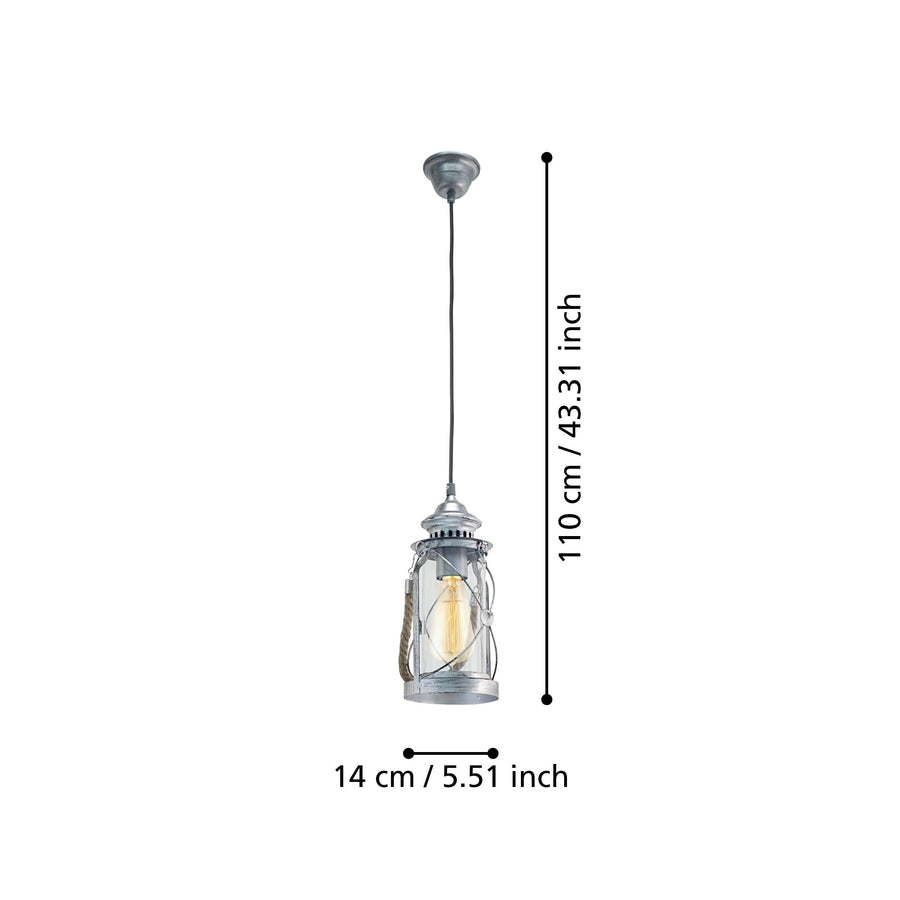 Schéma de dimensions du luminaire suspendu : hauteur 110 cm et largeur 14 cm