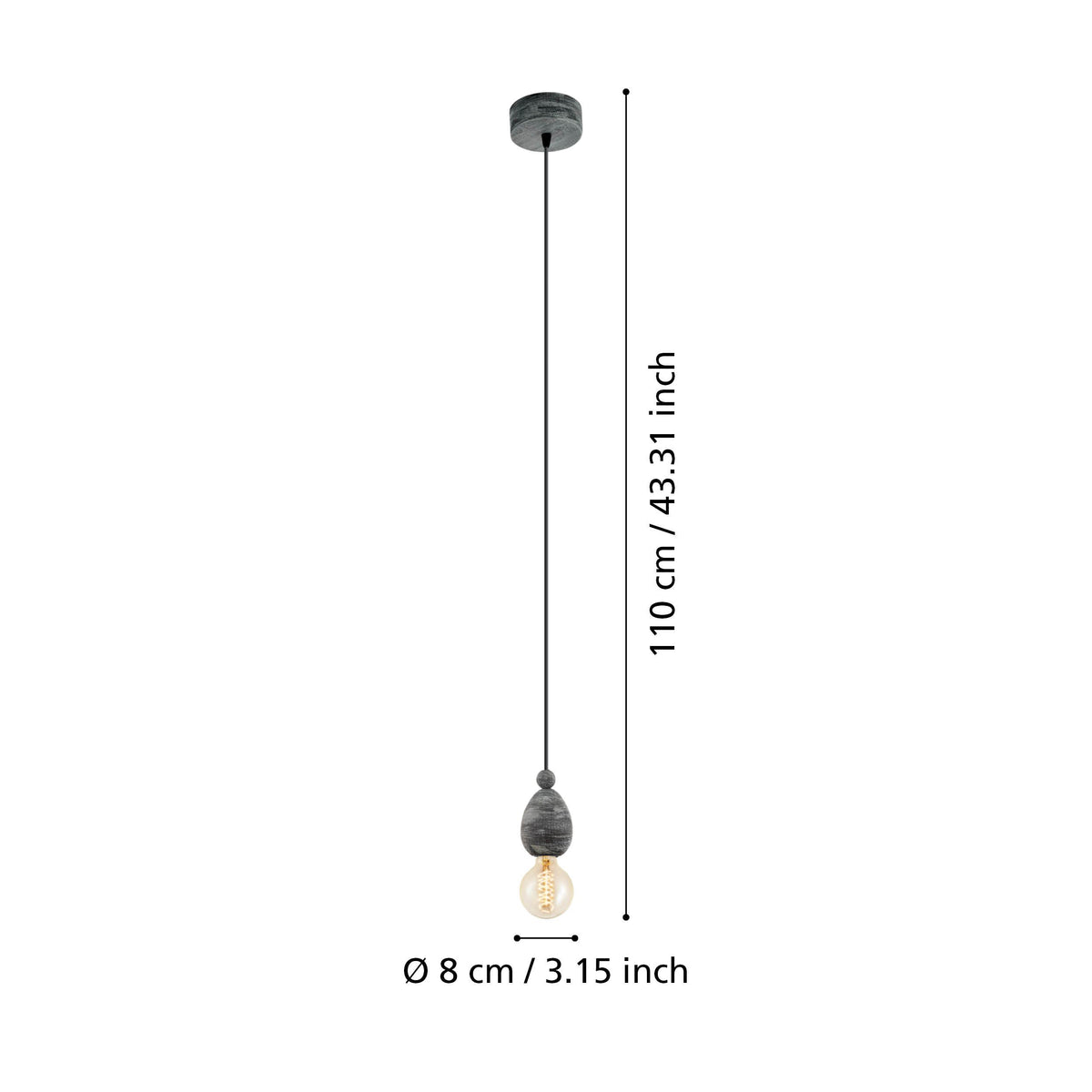 Schéma de dimensions du luminaire, hauteur 110 cm et diamètre 8 cm