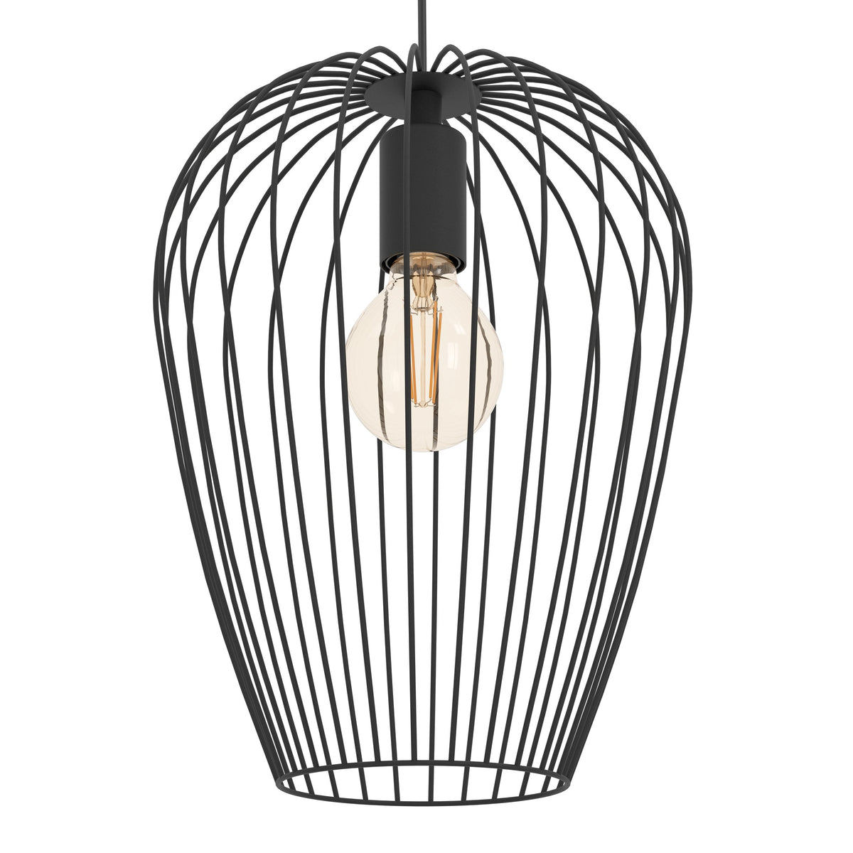 Gros plan sur la cage métallique noire, la douille et l'ampoule rétro allumée.