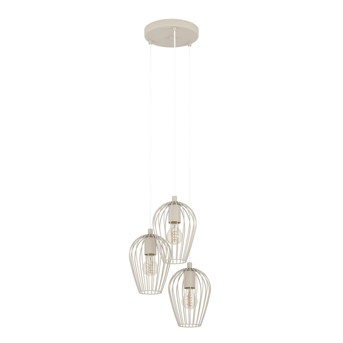 Version blanche de la suspension, trois cages filaires sur fond blanc