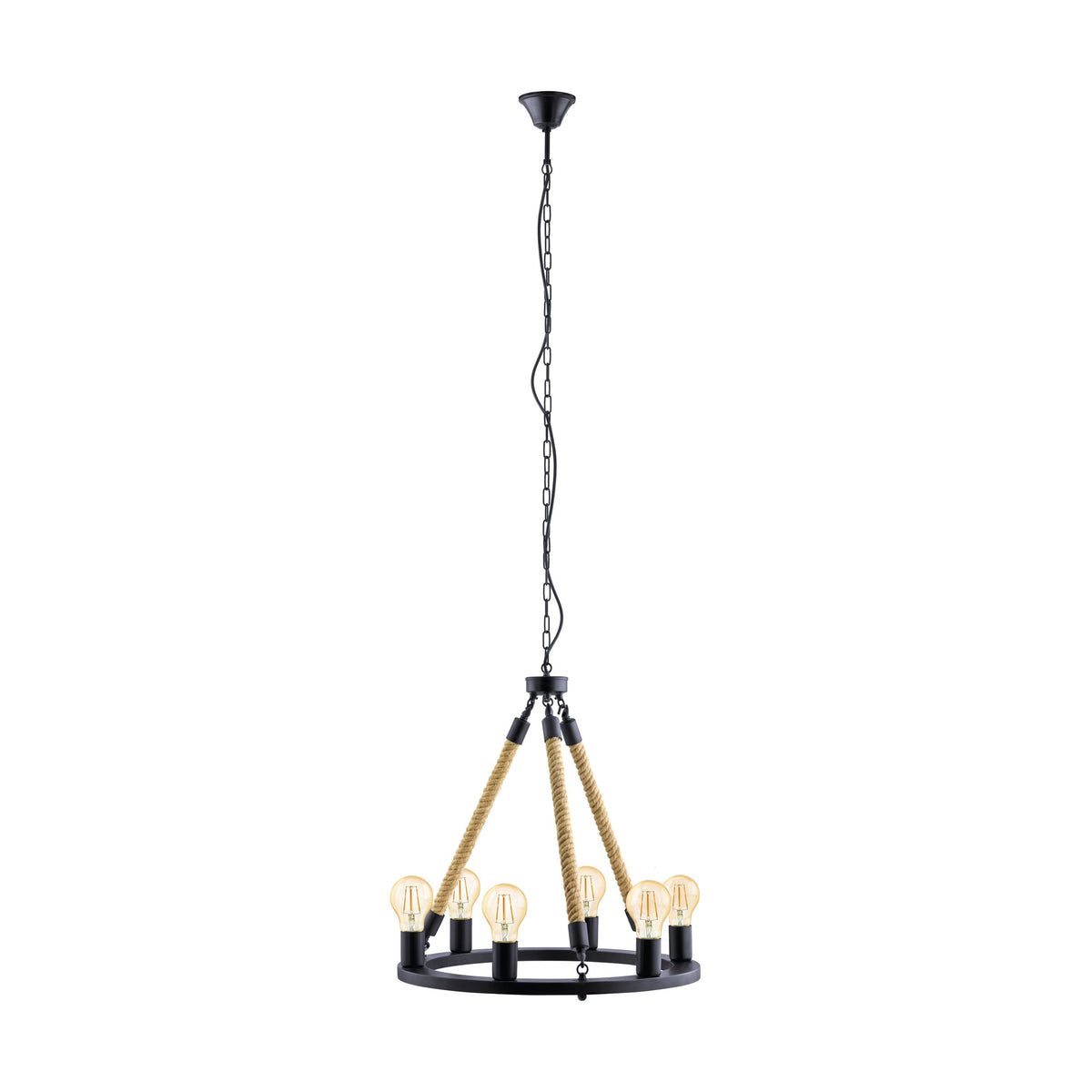 Vue d'ensemble de la suspension ronde noire avec six lumières et cordes tressées.