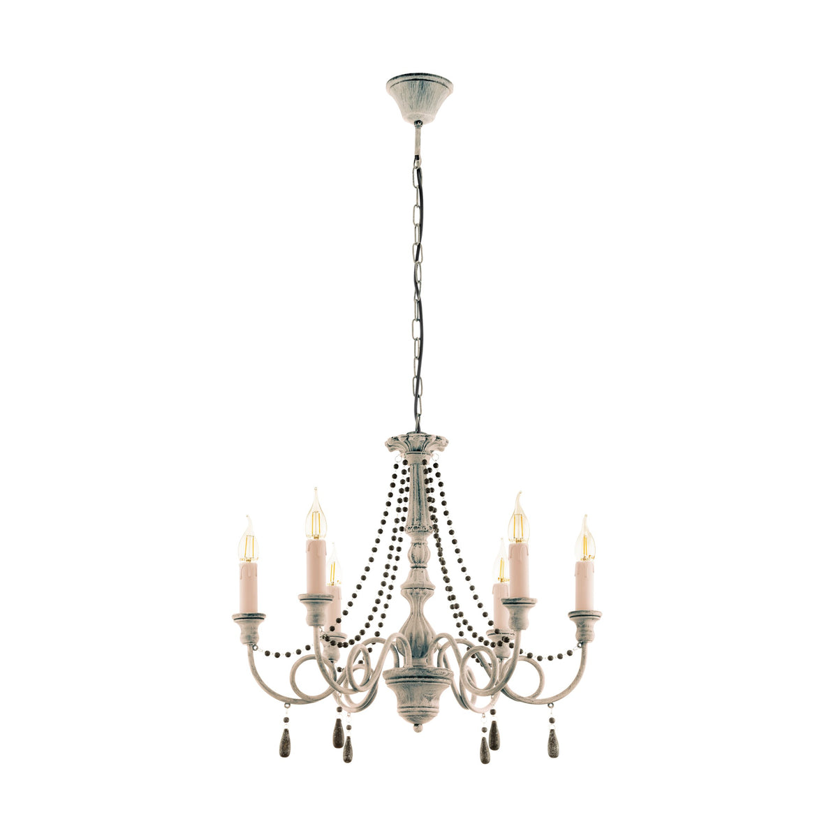 Vue rapprochée du luminaire, chapelet de perles et pampilles en verre taupe