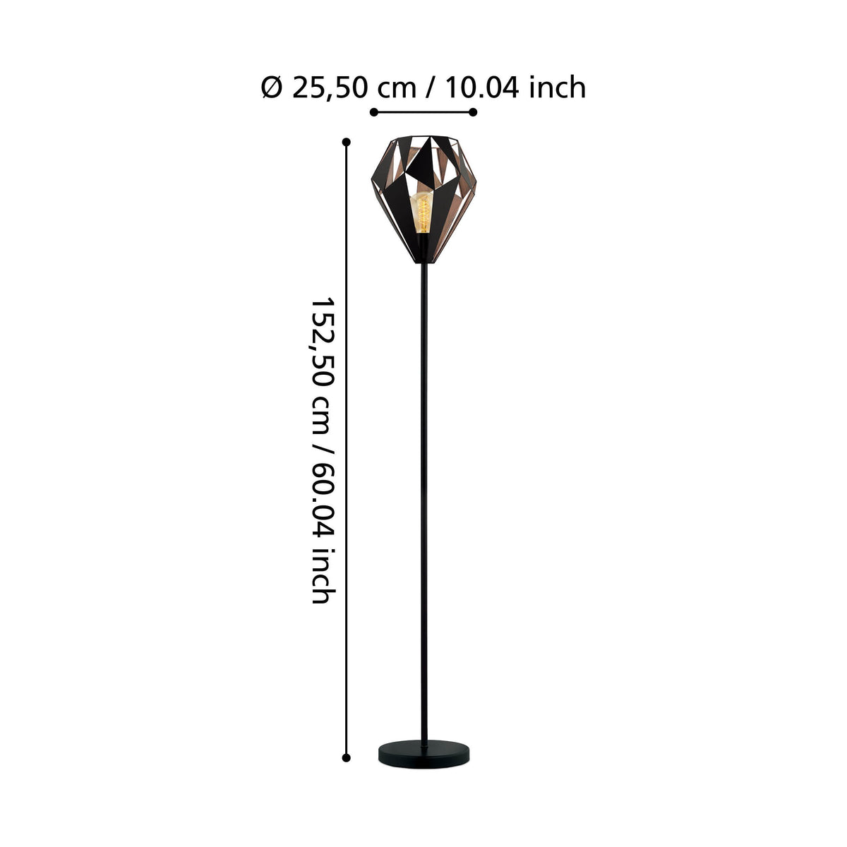 Schéma de dimensions du lampadaire : hauteur 152,50 cm et diamètre 25,50 cm.