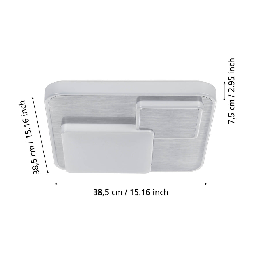 Schéma de dimensions indiquant 38,5 cm de côté et 7,5 cm de hauteur.