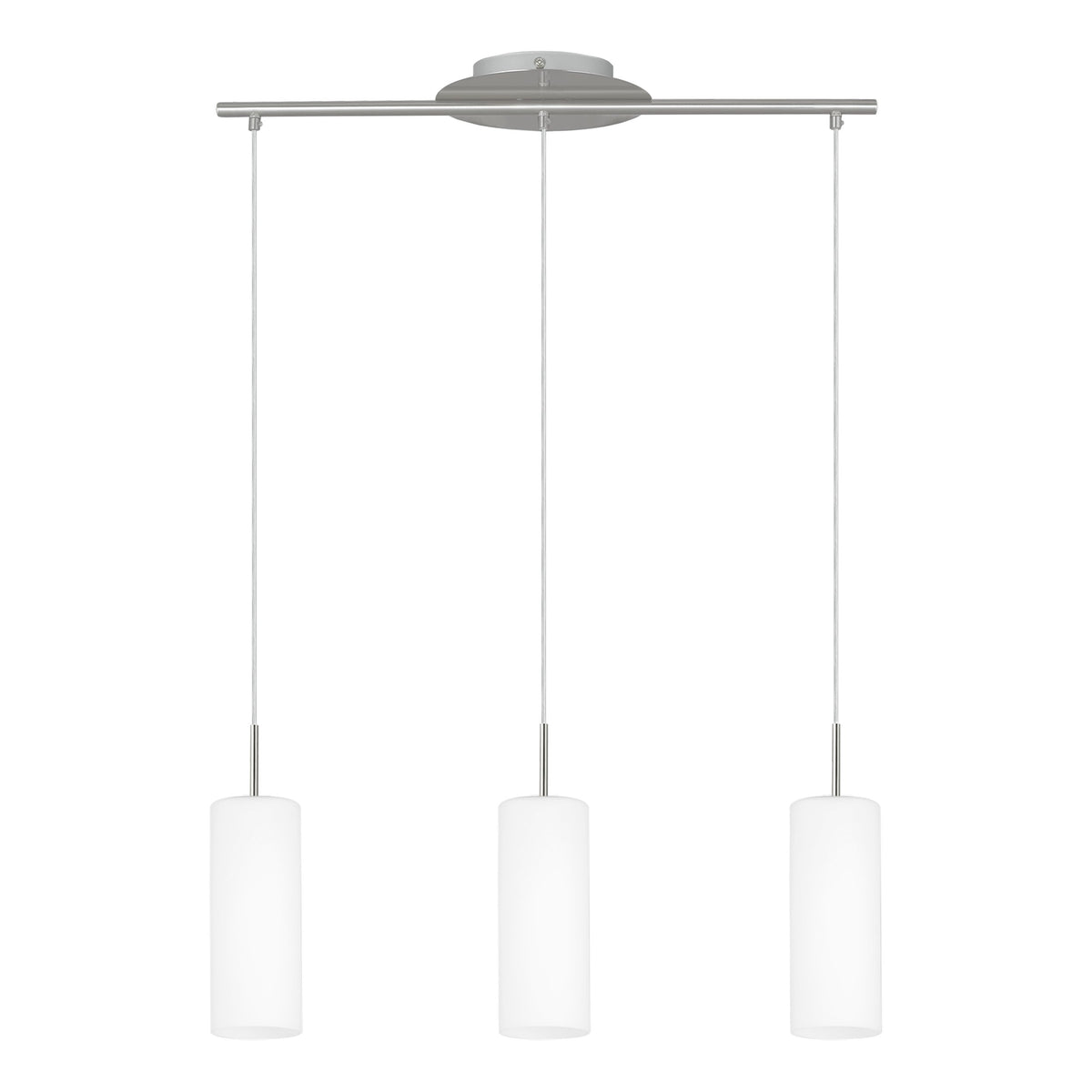 Luminaire entier sur fond blanc, câbles fins, barre et rosace métalliques visibles