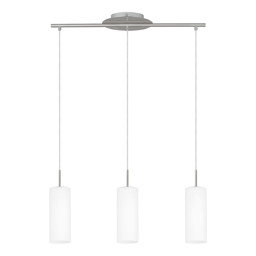 Luminaire entier sur fond blanc, câbles fins, barre et rosace métalliques visibles