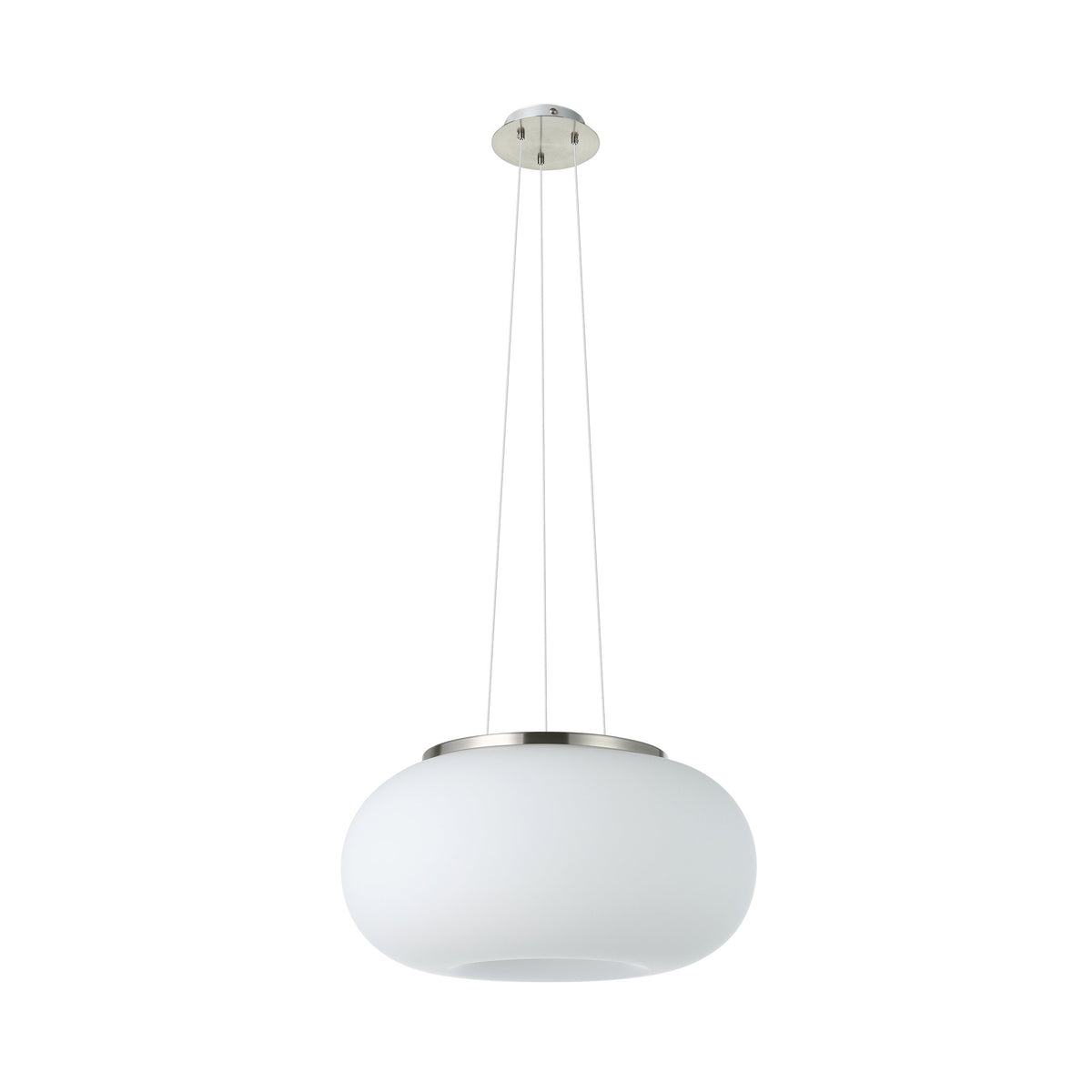 Vue complète de la suspension ovale blanche avec fixation nickel et trois câbles.