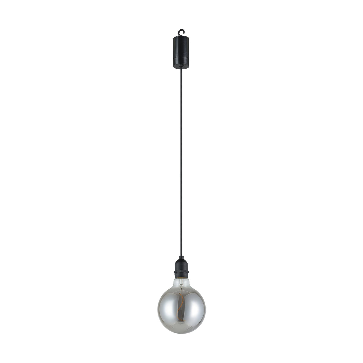 Suspension complète sur fond blanc, câble tendu, crochet supérieur et ampoule ronde.