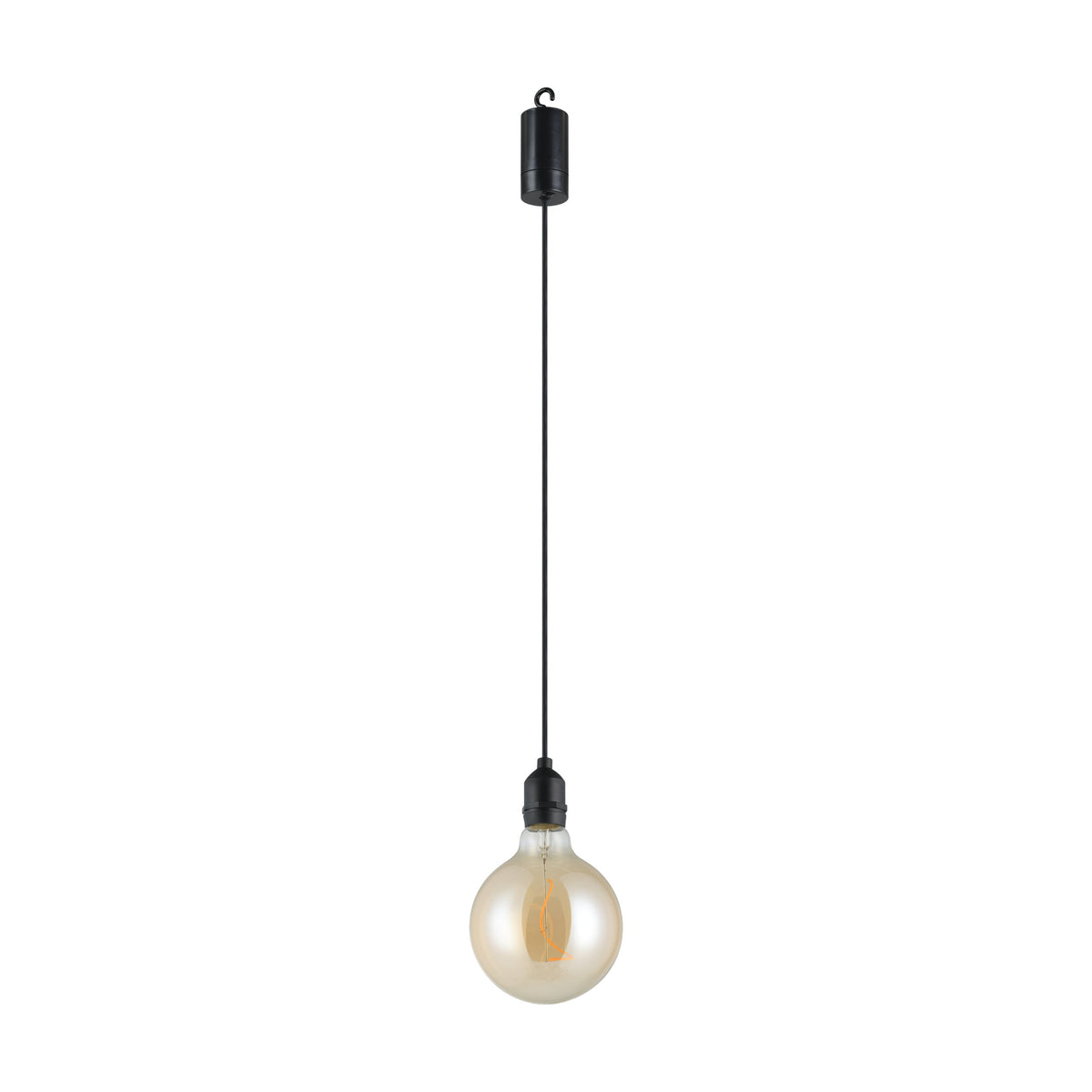 Suspension complète vue de face sur fond blanc, douille noire et ampoule ambrée