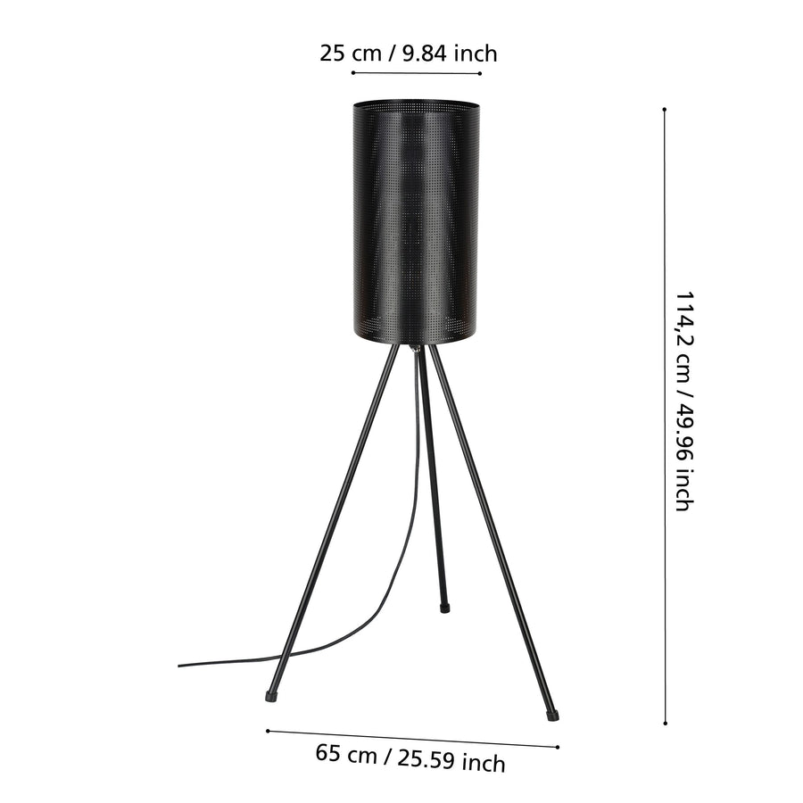 Schéma coté du lampadaire indiquant hauteur 114 cm, largeur 65 cm et diamètre 25 cm
