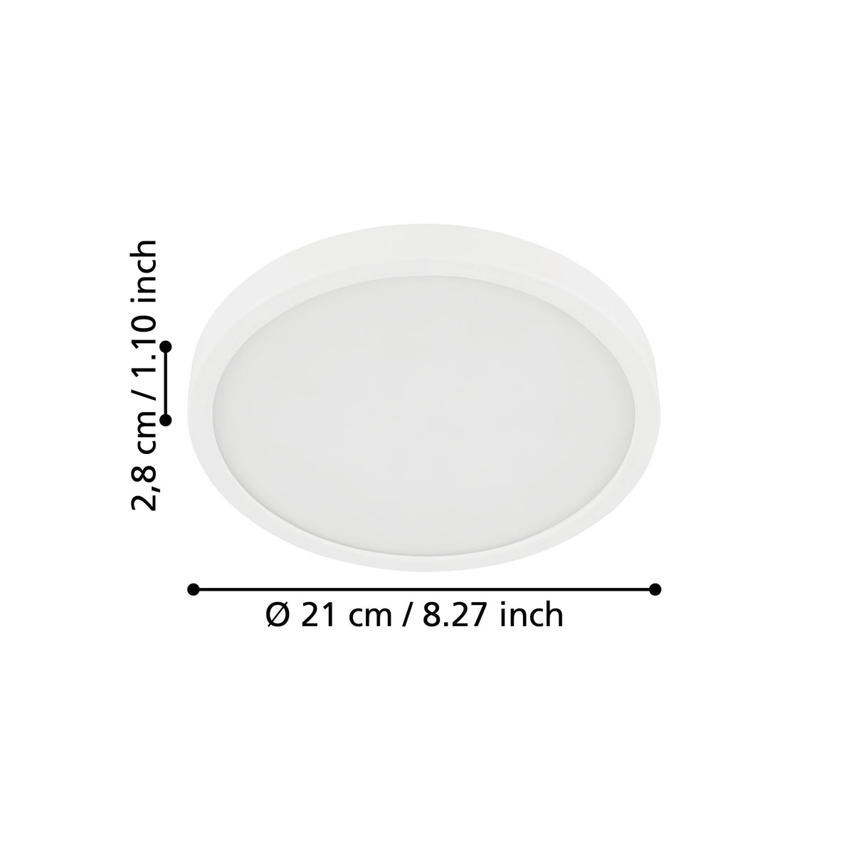 Schéma coté du luminaire : diamètre 21 cm et épaisseur 2,8 cm