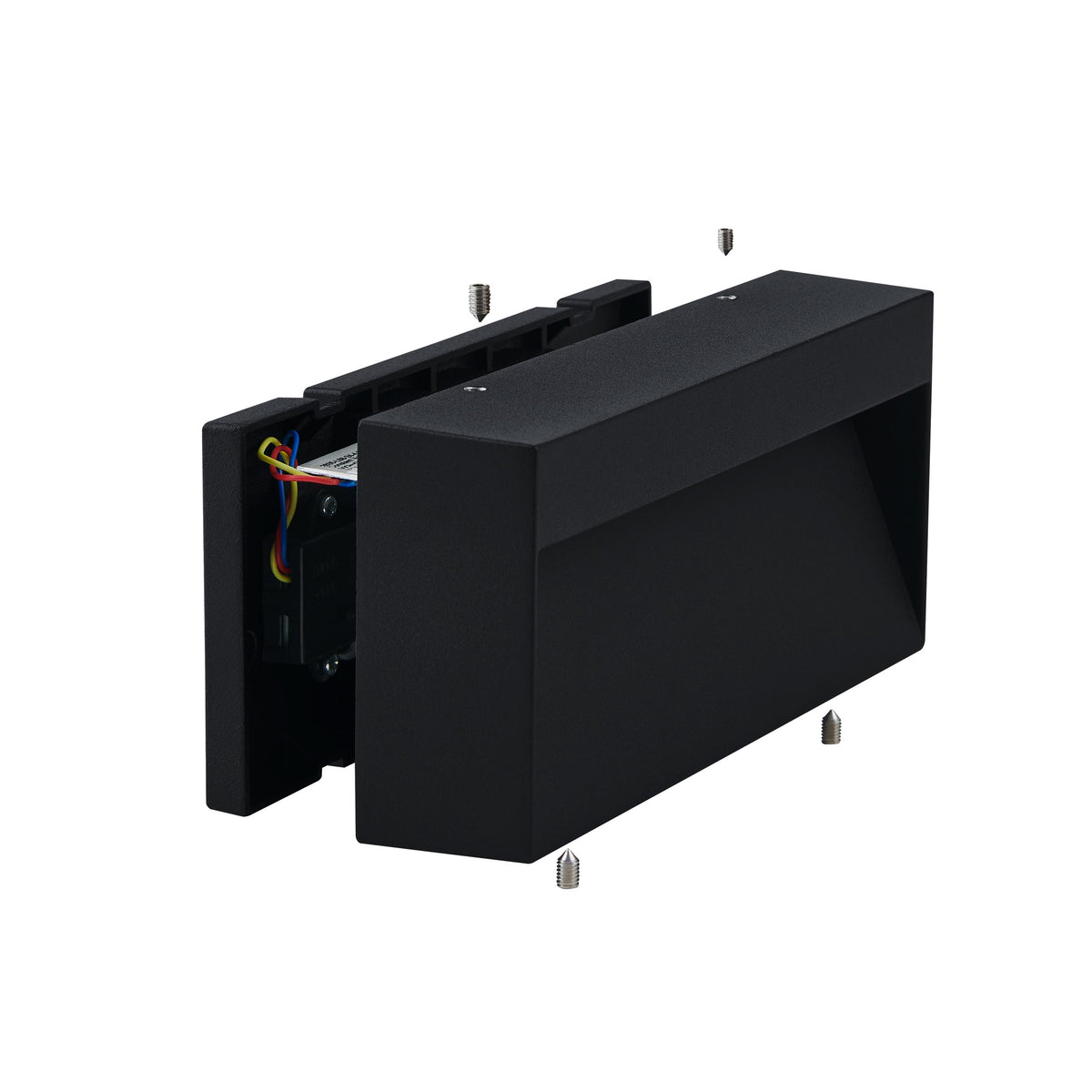 Vue arrière de l'applique ouverte avec câblage, vis et boîtier de connexion