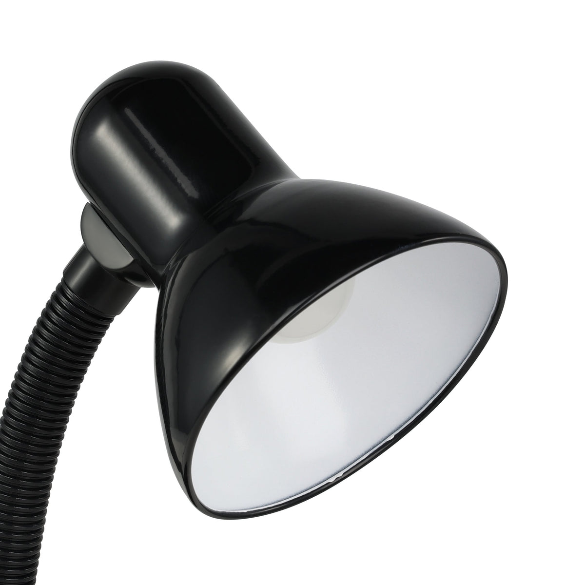 Gros plan sur l'abat-jour noir et l'intérieur blanc réfléchissant, col flexible visible.