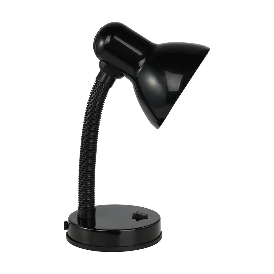 Vue de trois quarts de la lampe noire, base ronde, interrupteur et col strié.