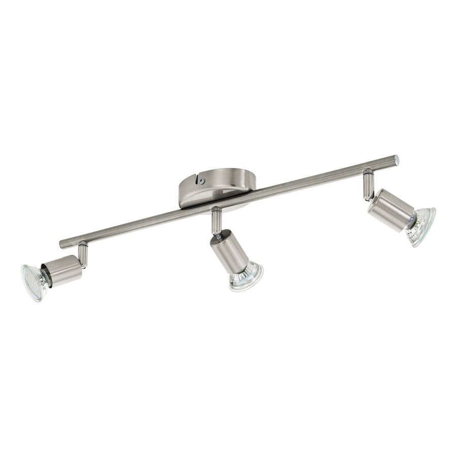 Vue de face du spot horizontal à trois projecteurs orientables nickel satiné