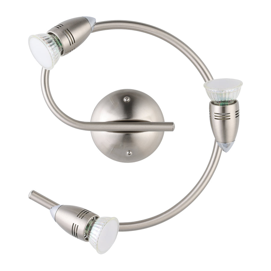 Vue de face du luminaire, spots orientés vers le bas sur fond blanc.