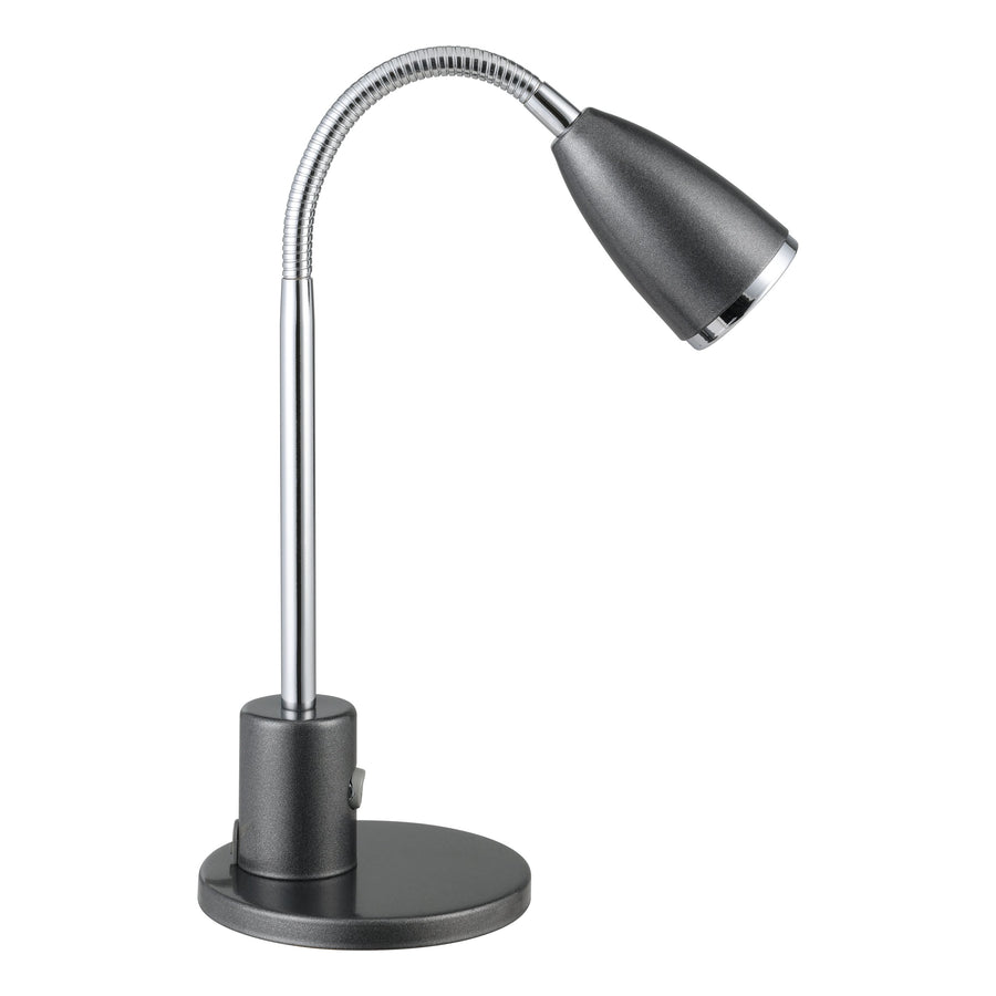 Lampe à poser chromée et noire présentée de profil sur fond blanc.