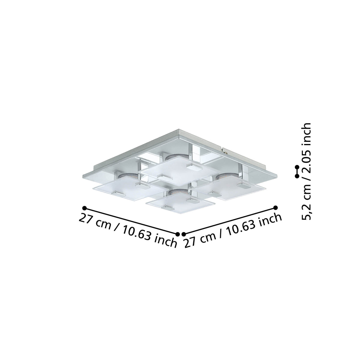 Schéma coté indiquant 27 cm de côté et 5,2 cm de hauteur
